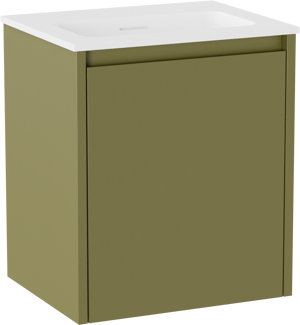 Storke Seda zwevend badkamermeubel 45 x 35 cm olijfgroen met Mata enkele wastafel in Solid Surface mat wit
