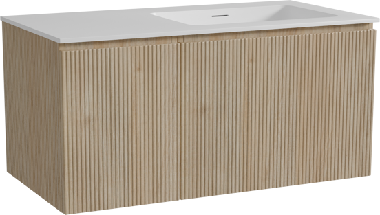 Storke Ribs hängendes Möbelstück Set: 100 x 52 cm, Rohe Eiche, mit Mata Waschtisch rechts, Solid Surface, Weiß matt, Vertikale symmetrische gerade Rippe