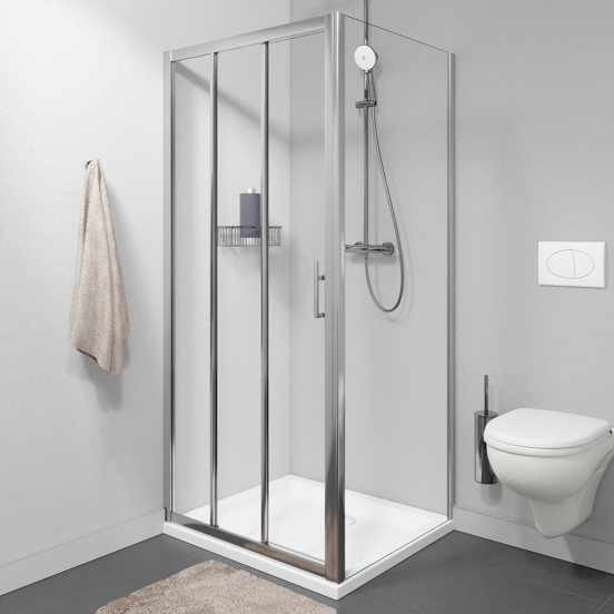 Linie Cadiz douchecabine met schuifdeur en vaste zijwand, 100 x 90 cm, helder glas, geborstelde chroom profielen