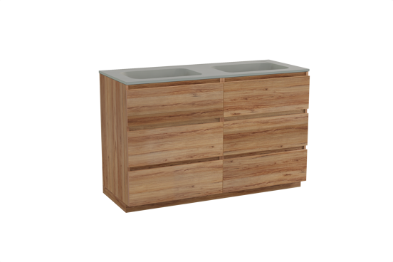 Balmani Lucida freistehendes Möbelstück Set: 135 x 55 cm, Teak, mit Tablo Strada Doppelwaschtisch, Marmorkomposit Seidengrau