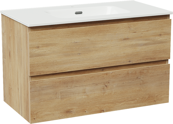 Linie Lado hängendes Möbelstück Set: 90 x 46 cm, Naturbelassene Eiche, mit Baro Einzelwaschtisch, Porzellan Weiß glänzend