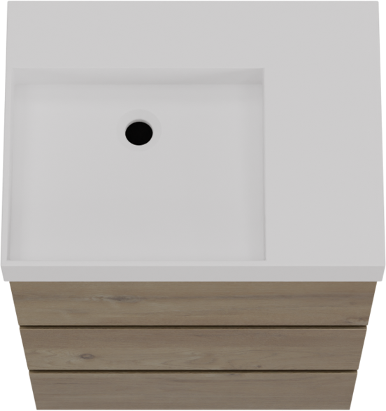 Storke Edge staand badkamermeubel 60 x 46 cm ruwe eik met Jura asymmetrisch linkse wastafel in solid surface mat wit