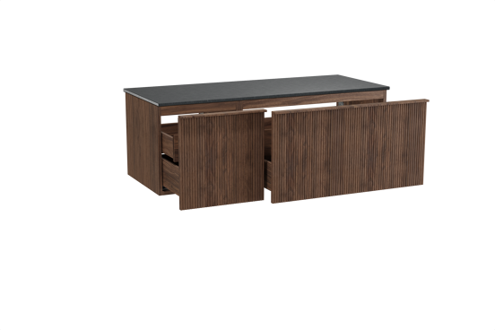Balmani Forma meuble salle de bains suspendu 135 x 55 cm noyer américain avec Stretto tablette simple ou double en granit noir, Nervure droite symétrique verticale