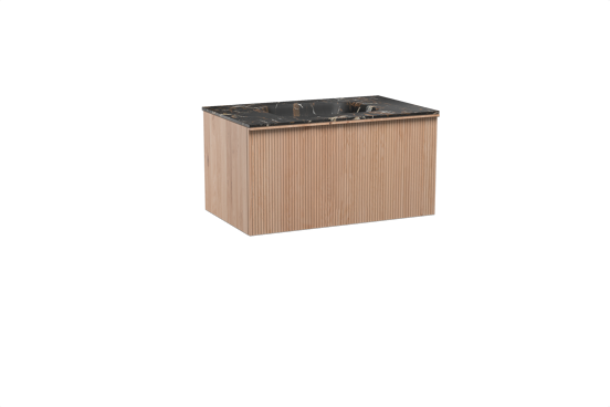 Balmani Forma hängendes Möbelstück Set: 90 x 55 cm, Naturbelassene Eiche, mit Tablo Arcato Einzelwaschtisch, Marmor, Portoro Gold, Vertikale symmetrische gerade Rippe