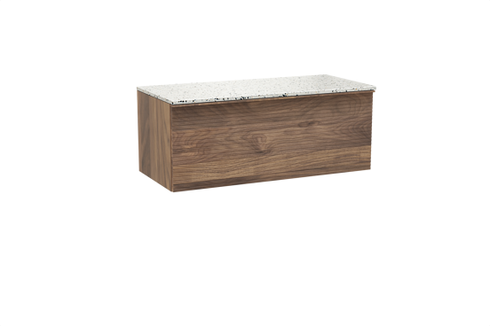Balmani Forma hängendes Möbelstück Set: 120 x 55 cm, Amerikanischer Nussbaum, mit Stretto Einzel- oder Doppel Waschtischplatte, Terrazzo in Weiß/Schwarz matt, Horizontale symmetrische gerade Rippe