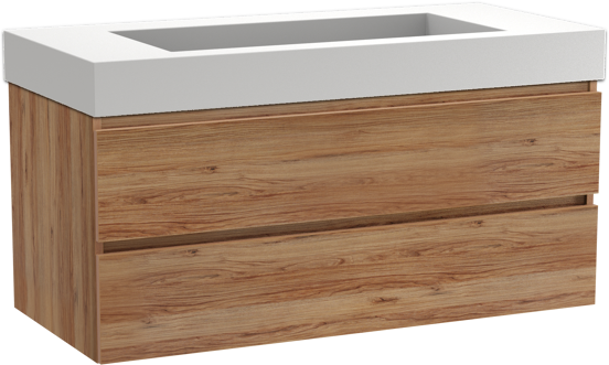 Balmani Lucida zwevend badkamermeubel 120 x 55 cm teak met Modus enkele wastafel voor 2 kraangaten in solid surface mat wit