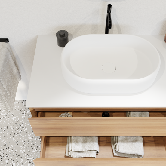 Balmani Mitra zwevend badkamermeubel 120 x 55 cm teak met Stretto enkel of dubbel tablet in solid surface mat wit