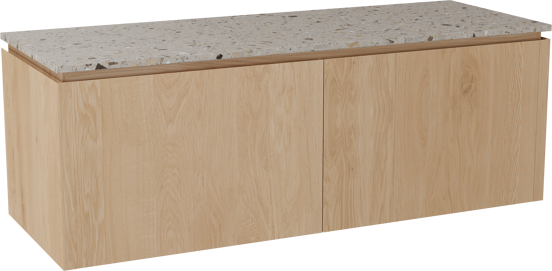 Balmani Eclips hängendes Möbelstück Set: 150 x 55 cm, Eiche Natur, mit Stretto Einzel- oder Doppel Waschtischplatte Greige Terrazzo