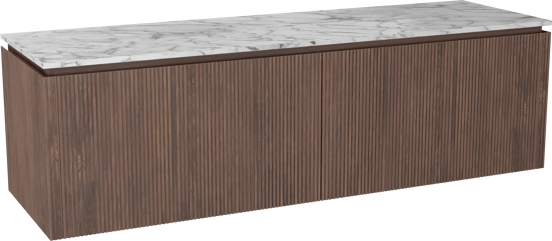 Balmani Eclips meuble salle de bains suspendu 180 x 55 cm Noyer américain avec Stretto tablette simple ou double en Marbre Carrare, Nervure droite symétrique verticale