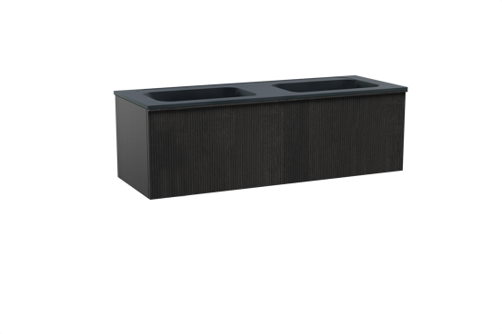 Balmani Forma zwevend badkamermeubel 150 x 55 cm zwarte eik met Tablo Strada dubbele wastafel in composietmarmer mat zwart, Verticale symmetrische rechte ribbel