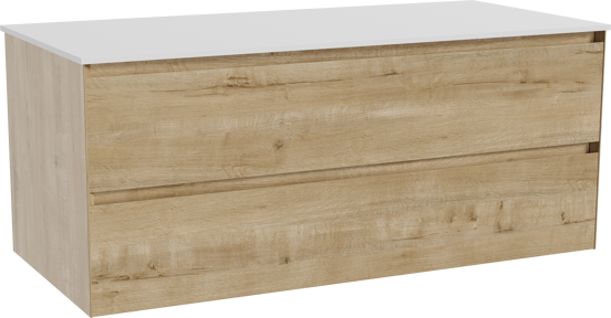 Balmani Mitra zwevend badkamermeubel 120 x 55 cm ruwe eik met Stretto enkel of dubbel tablet in solid surface mat wit