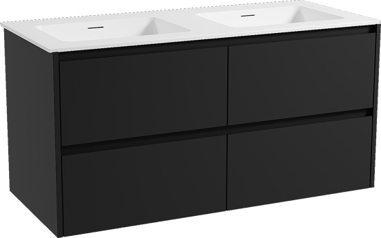 Storke Seda zwevend badmeubel 120 x 52 cm mat zwart met Mata dubbele wastafel in solid surface mat wit