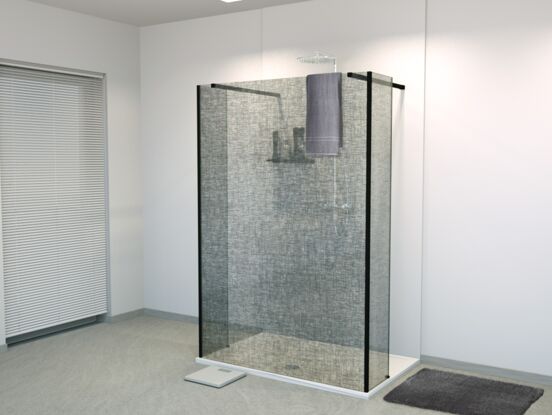 Balmani BMSS Walk-In-Dusche mit freistehender Wand und fixiertem Paneel 120 x 200 cm, Leinen schwarz Glas , Profil schwarz matt