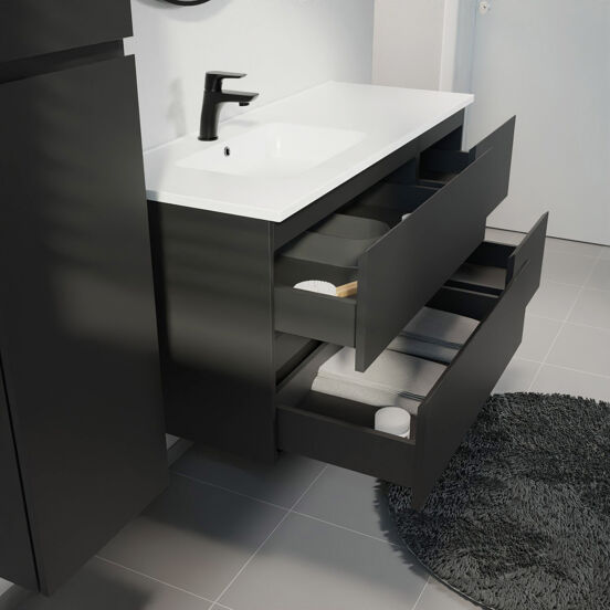 Linie Lado meuble salle de bains suspendu 120 x 46 cm noir mat avec Vano plan vasque asymétrique à gauche en marbre composite blanc mat