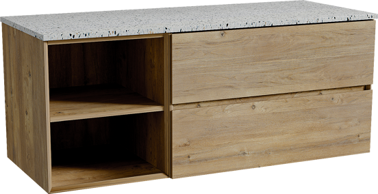 Storke Edge meuble salle de bains suspendu 130 x 52 cm chêne brut avec Tavola tablette simple ou double en blanc/noir mat terrazzo