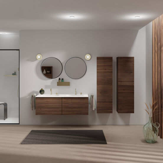Balmani Forma meuble salle de bains suspendu 135 x 55 cm noyer américain avec Tablo Arcato double vasque en solid surface blanc mat, Nervure droite symétrique horizontale