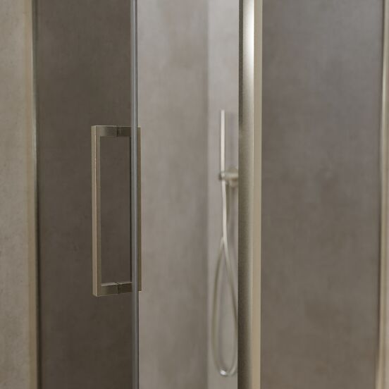 Balmani Senses Design douchehoek met linkse draaideur en vaste zijwand, 90 x 90 cm, Reflex spiegelglas, Brushed CoolMetal profielen, met coating
