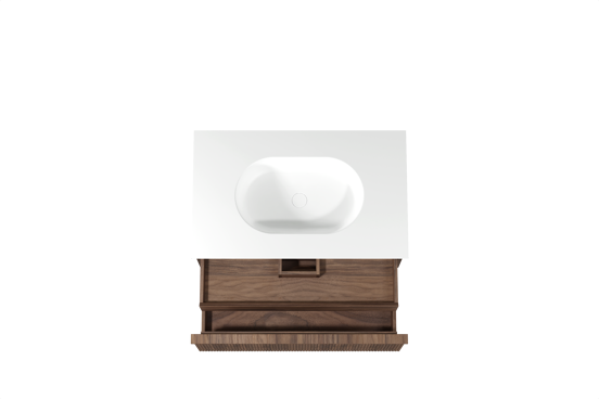 Balmani Forma meuble salle de bains suspendu 90 x 55 cm noyer américain avec Tablo Oval plan simple en solid surface blanc mat, Nervure droite symétrique verticale