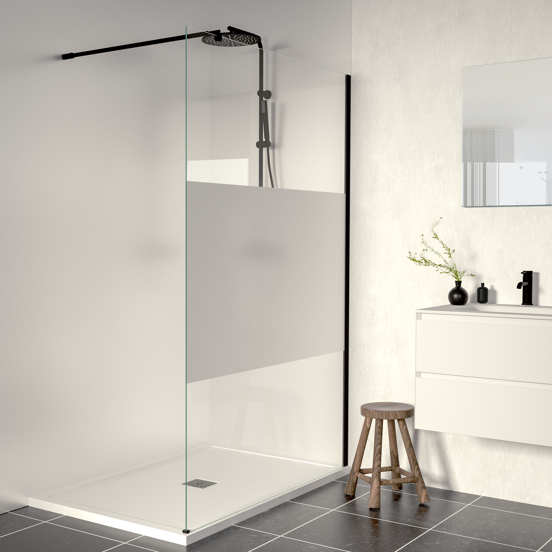 Linie Walk-In Walk-In Dusche: 140 x 200 cm, Klarglas mit satiniertem Streifen, Schwarzes Profil, matt