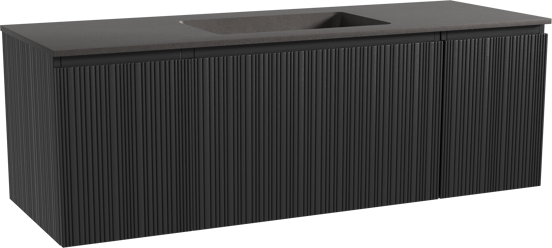 Storke Ribs hängendes Möbelstück Set: 145 x 52 cm, Schwarze Eiche, mit Scuro Einzelwaschtisch, Quarz, Schwarz matt, Vertikale asymmetrische gerade Rippe