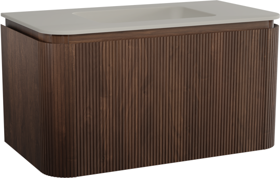 Balmani Moon hängendes Möbelstück Set: 100 x 55 cm, Amerikanischer Nussbaum, mit Moon Einzelwaschtisch, Top Solid, Seidengrau, Vertikale symmetrische gerade Rippe