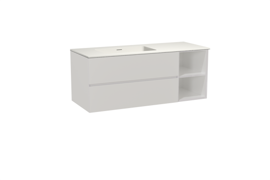 Storke Edge meuble salle de bains suspendu 130 x 52 cm blanc brillant avec Mata plan vasque asymétrique à gauche en solid surface blanc mat