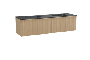 Balmani Forma hängendes Möbelstück Set: 180 x 55 cm, Naturbelassene Eiche, mit Tablo Arcato Doppelwaschtisch, Granit, Schwarzes Granit, Vertikale asymmetrische Runde Rippe