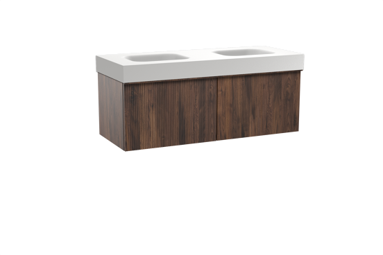 Balmani Forma zwevend badkamermeubel 135 x 55 cm amerikaanse notelaar met Arcato dubbele wastafel in solid surface mat wit, Verticale symmetrische rechte ribbel