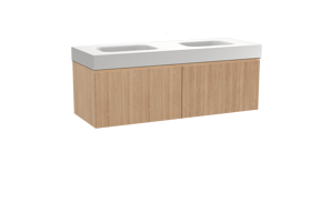 Balmani Fila hängendes Möbelstück Set: 150 x 55 cm, Naturbelassene Eiche, mit Arcato Doppelwaschtisch, Solid Surface, Weiß matt, Vertikale symmetrische gerade Rippe