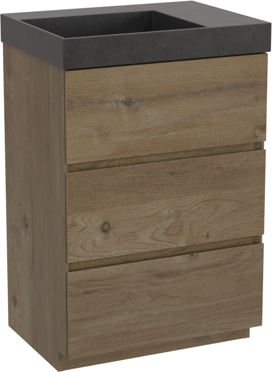 Storke Edge meuble salle de bains à poser 60 x 46 cm chêne brut avec Jura vasque asymétrique gauche en quartz noir mat