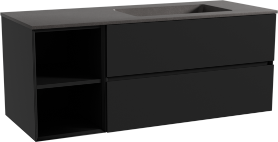 Storke Edge zwevend badmeubel 130 x 52 cm mat zwart met Scuro asymmetrisch rechtse wastafel in kwarts mat zwart