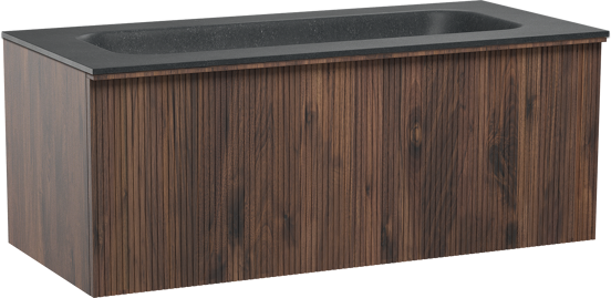 Balmani Forma zwevend badkamermeubel 120 x 55 cm amerikaanse notelaar met Tablo Arcato enkele wastafel voor 2 kraangaten in graniet zwart, Verticale symmetrische rechte ribbel