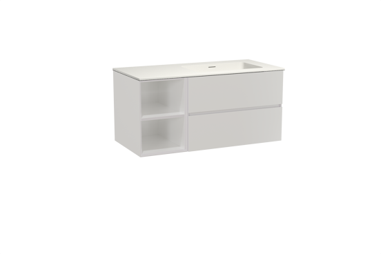 Storke Edge meuble salle de bains suspendu 110 x 52 cm blanc brillant avec Mata plan vasque asymétrique à droite en solid surface blanc mat