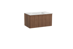 Balmani Forma zwevend badmeubel 90 x 55 cm amerikaans notenhout met Tablo Arcato enkele wastafel in marmer carrara, Verticale asymmetrische ronde ribbel