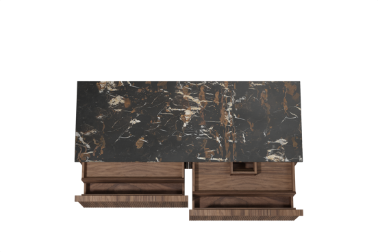 Balmani Forma hängendes Möbelstück Set: 150 x 55 cm, Amerikanischer Nussbaum, mit Stretto Einzel- oder Doppel Waschtischplatte, Marmor, Portoro Gold, Vertikale symmetrische gerade Rippe