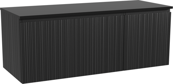 Storke Ribs zwevend badmeubel 130 x 52 cm zwart eiken met Panton enkel of dubbel wastafelblad in gepoedercoate mdf mat zwart, Verticale asymmetrische rechte ribbel