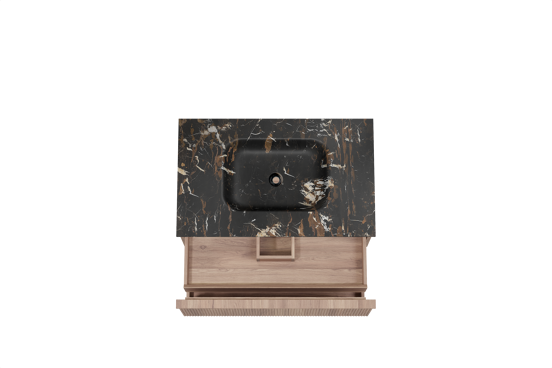 Balmani Forma hängendes Möbelstück Set: 90 x 55 cm, Teak, mit Tablo Arcato Einzelwaschtisch, Marmor, Portoro Gold, Vertikale symmetrische gerade Rippe
