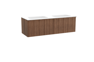 Balmani Forma hängendes Möbelstück Set: 150 x 55 cm, Amerikanischer Nussbaum, mit Tablo Strada Doppelwaschtisch, Marmorkomposit, Weiß matt, Vertikale asymmetrische Runde Rippe
