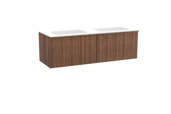 Balmani Forma meuble salle de bains suspendu 150 x 55 cm noyer américain avec Tablo Strada double vasque en marbre composite blanc mat, Nervure circulaire asymétrique verticale