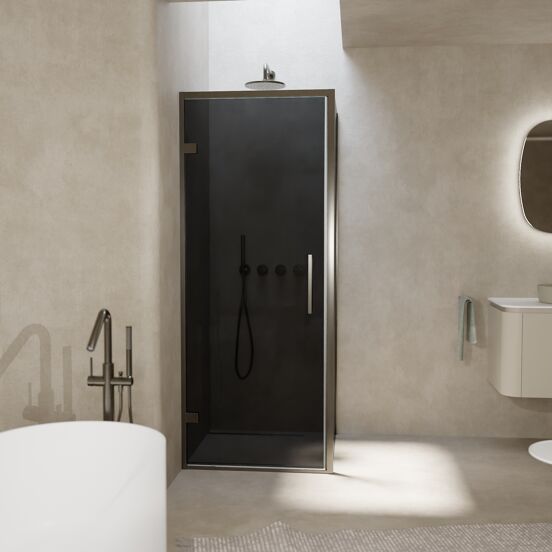 Balmani Senses Design douche en coin avec porte pivotante à gauche et paroi latérale fixe, 90 x 100 cm, Verre fumé, Profil Brushed GunMetal