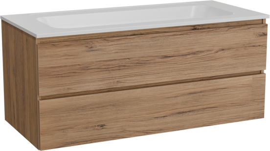 Balmani Lucida zwevend badkamermeubel 120 x 55 cm teak met Tablo Strada enkele wastafel in composietmarmer mat wit