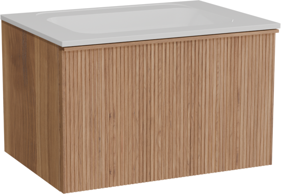 Balmani Forma zwevend badkamermeubel 75 x 55 cm teak met Tablo Strada enkele wastafel in composietmarmer glanzend wit, Verticale symmetrische rechte ribbel