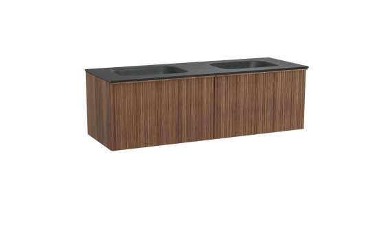 Balmani Forma meuble salle de bains suspendu 150 x 55 cm noyer américain avec Tablo Arcato double vasque en granit noir, Nervure circulaire asymétrique verticale