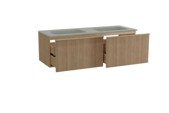 Balmani Forma zwevend badkamermeubel 150 x 55 cm natuur eik met Tablo Strada dubbele wastafel in composietmarmer zijdegrijs, Verticale symmetrische rechte ribbel