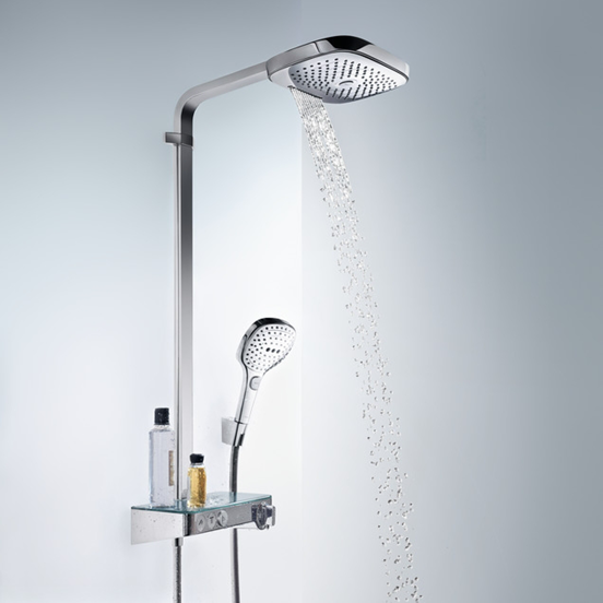 Hansgrohe Raindance Select E 300 colonne de douche de pluie tablette mitigeur thermostatique chrome et blanc brillant