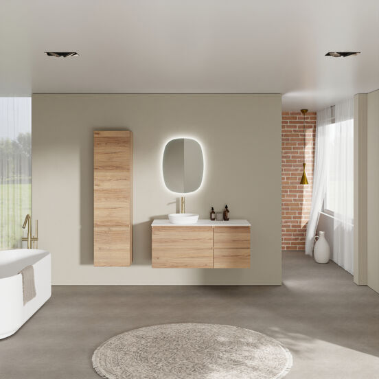 Balmani Lucida zwevend badmeubel 120 x 55 cm teakhout met Stretto enkel of dubbel wastafelblad in solid surface mat wit