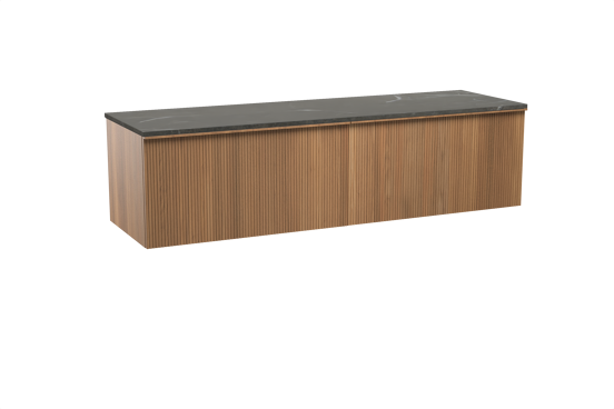 Balmani Forma hängendes Möbelstück Set: 180 x 55 cm, Teak, mit Stretto Einzel- oder Doppel Waschtischplatte, Marmor, Pietra Grey, Vertikale symmetrische gerade Rippe