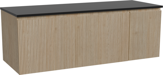 Storke Ribs zwevend badmeubel 140 x 52 cm ruw eiken met Panton enkel of dubbel wastafelblad in gepoedercoate mdf mat zwart, Verticale symmetrische rechte ribbel