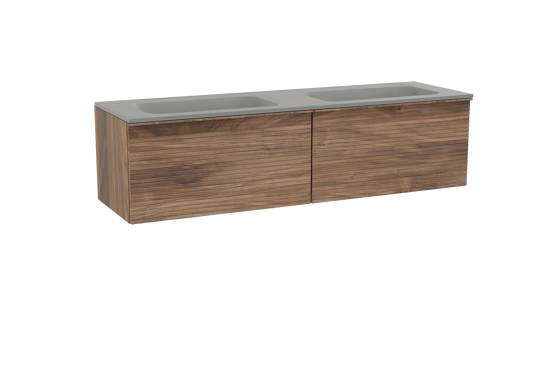 Balmani Forma zwevend badkamermeubel 180 x 55 cm amerikaanse notelaar met Tablo Strada dubbele wastafel in composietmarmer zijdegrijs, Horizontale symmetrische rechte ribbel