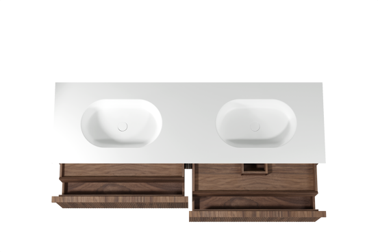 Balmani Forma meuble salle de bains suspendu 180 x 55 cm noyer américain avec Tablo Oval double vasque en solid surface blanc mat, Nervure droite symétrique verticale